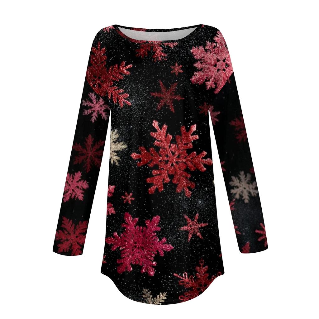 Tee Shirts For Women Casual Round Neck Long Sleeve Shirts Christmas Printing Top Pullover