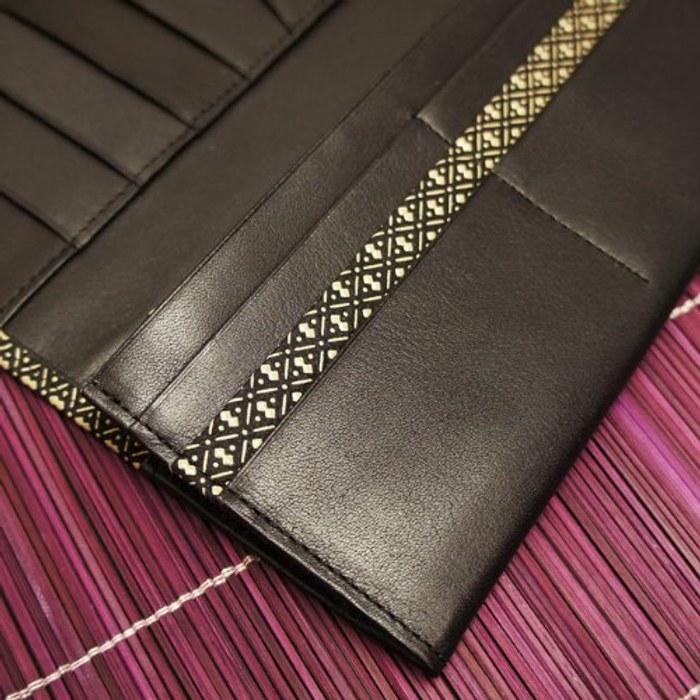 [Koto Inden] Japanese Leather Wallet Men's Long Wallet Thin Hyotan Unisex Inden Lacquer Traditional Japanese Pattern (Black)