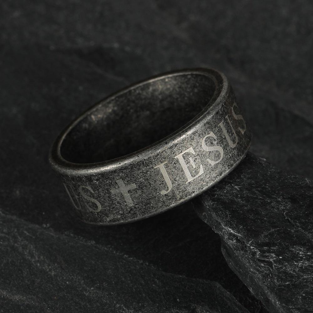 Men Punk Gothic Stainless Steel Rings Vintage Cross Jesus Letter Unique Religious Jewelry Gift for Men