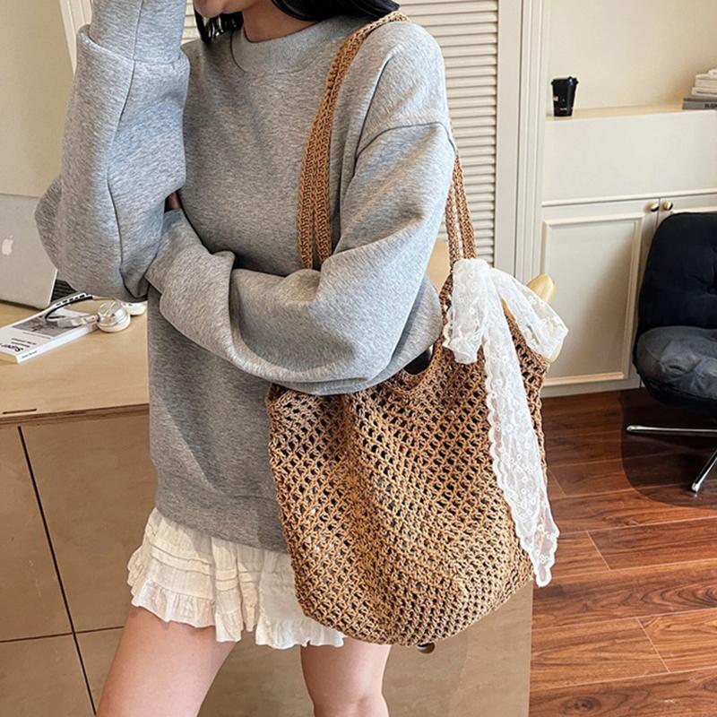 Yogodlns Women Crochet Tote Bag Fashion Knitted Large Capacity Woven Shoulder Bags Solid Color Simple Shopping Bag for Summer Beach