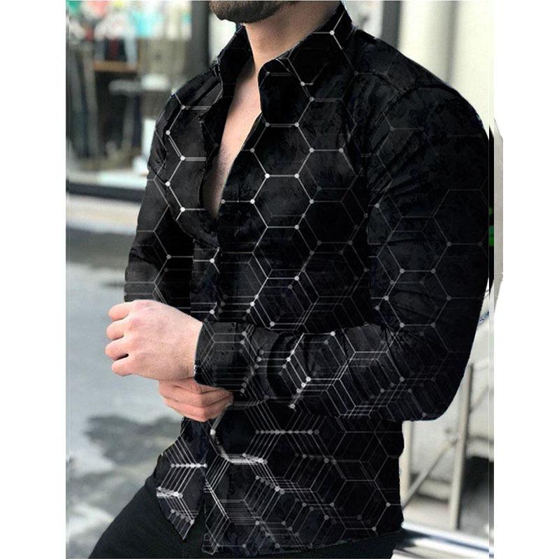 2026 Europa e Estados Unidos Nova Primavera Camisa Masculina de Manga Longa Camisa Plus Size Gradiente Slim Estampa Geométrica Camisa Casual