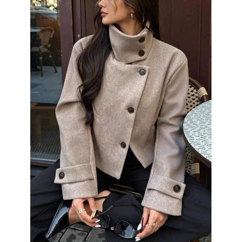 Damen Vintage Stehkragen Jacke Freizeit Unifarben Oberbekleidung Herbst Winter Kleine Frauen