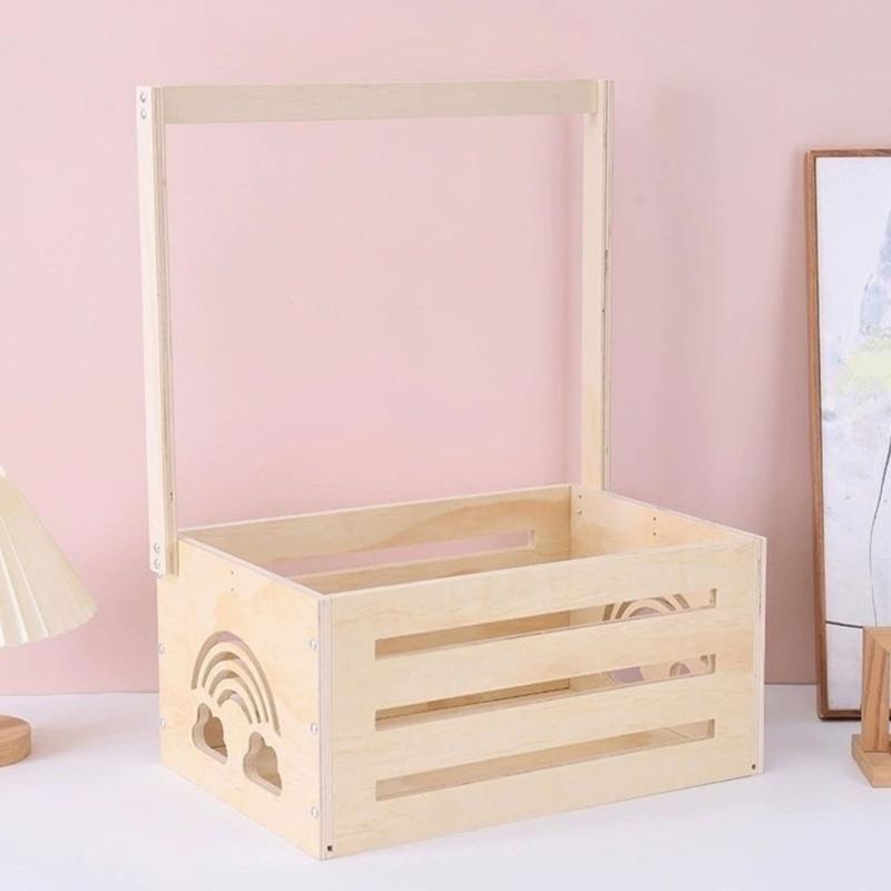 Handmade Baby Showers Wooden Organiser Basket Easy Assembly Wood Toy Storage Crate with Long Handle Christmas Gift