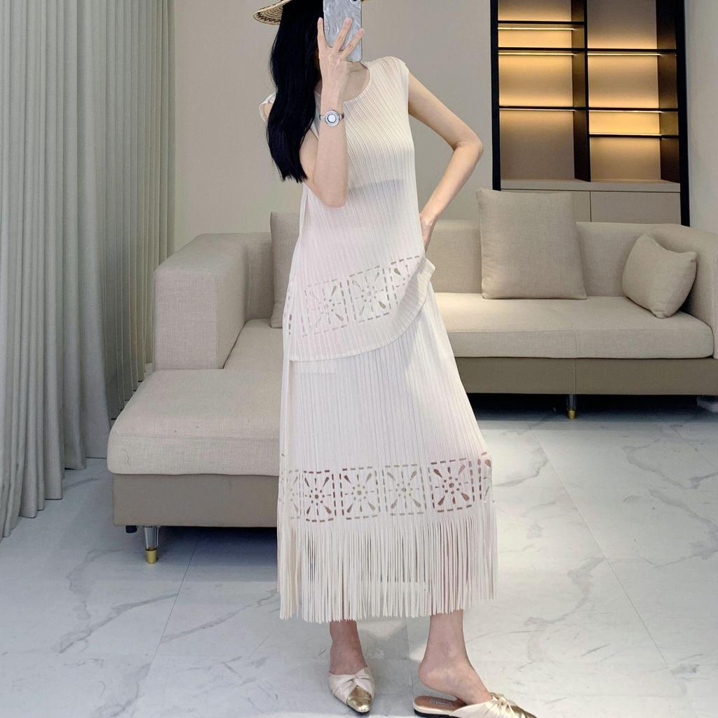 2025 Spring/Summer Women's Pleated Tassel Tank Top & Midi Skirt Two-Piece Set