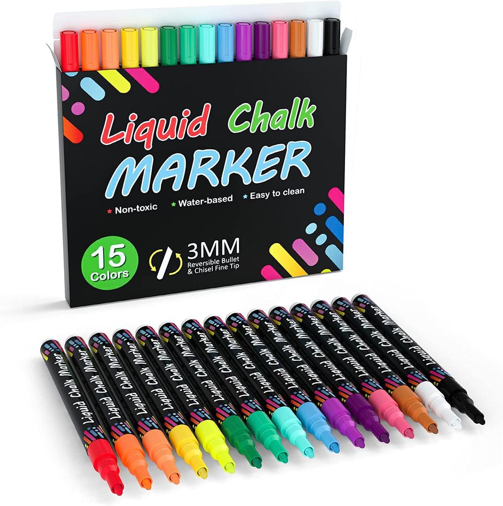 Shuttle Art Chalk Marker Set Blackboard Liquid Chalk Erasable with Suitable for Menu Ideal for and 15-Color - Markers, Pens, Water-Based, 3mm, Water.