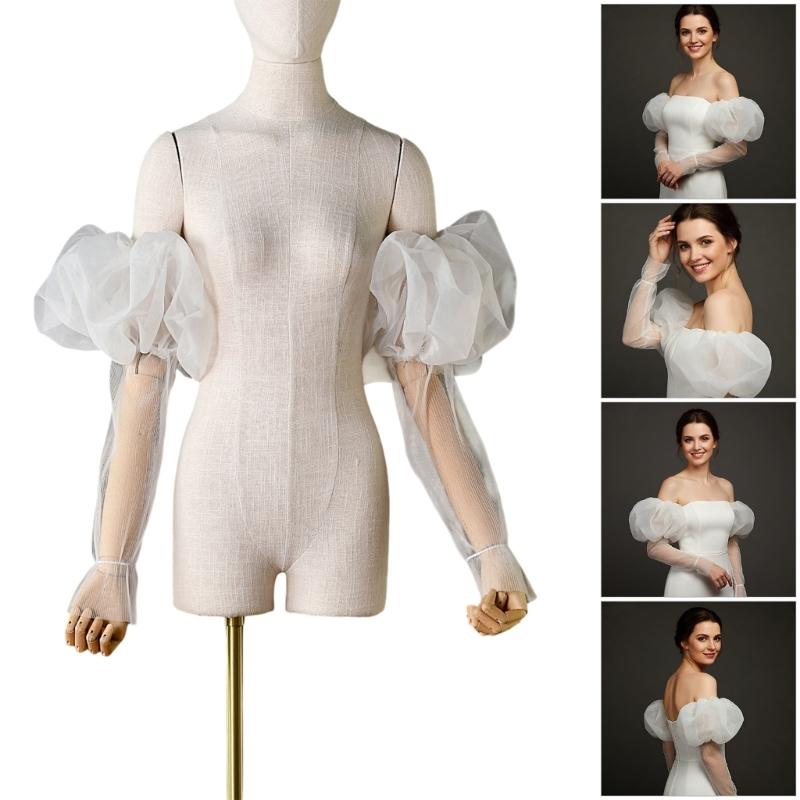 Handcrafts Sheer Bridal Gloves with Puff Design Fingerless Arm Sleeves for Photography and Stage Event Wedding Ceremony