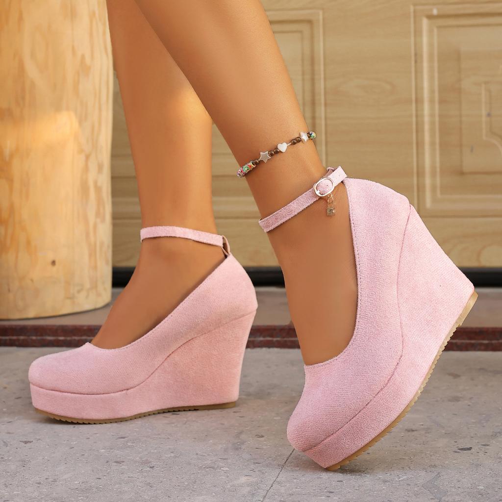 2026 Spring Autumn New Wedge Heels Pumps Fashion Round Toe Platform Suede Casual Women Shoes 10cm High Heels Solid Single Shoes