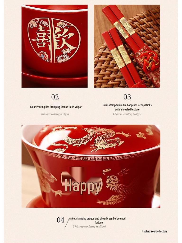 Wedding Tea Cup & Chopstick Set: Toasting Bowls and Red Dowry Supplies