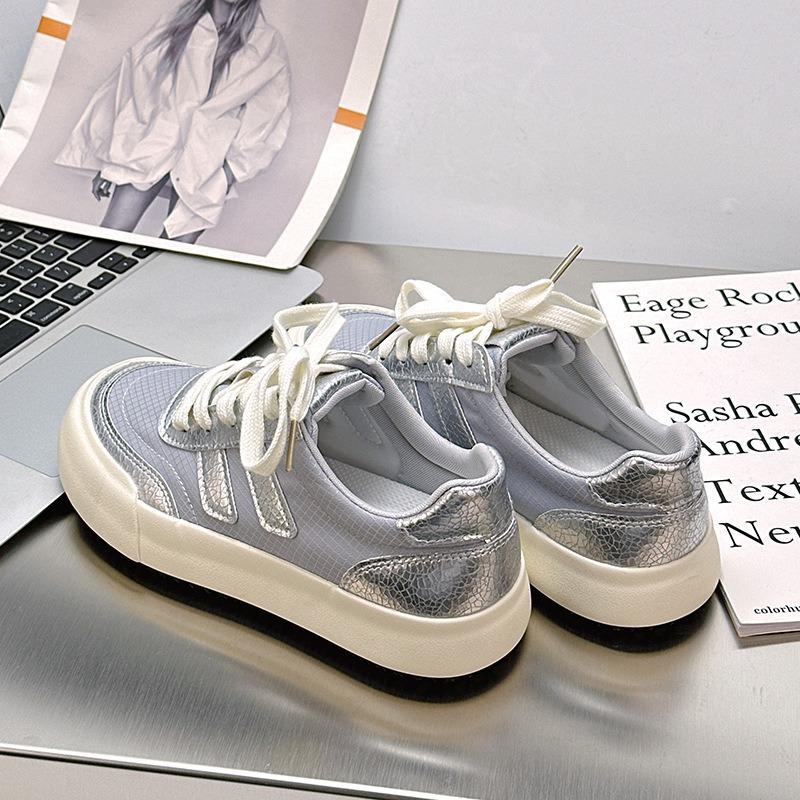 Board shoes women's summer breathable low-top flat-bottomed elegant silver casual shoes versatile student soft sole