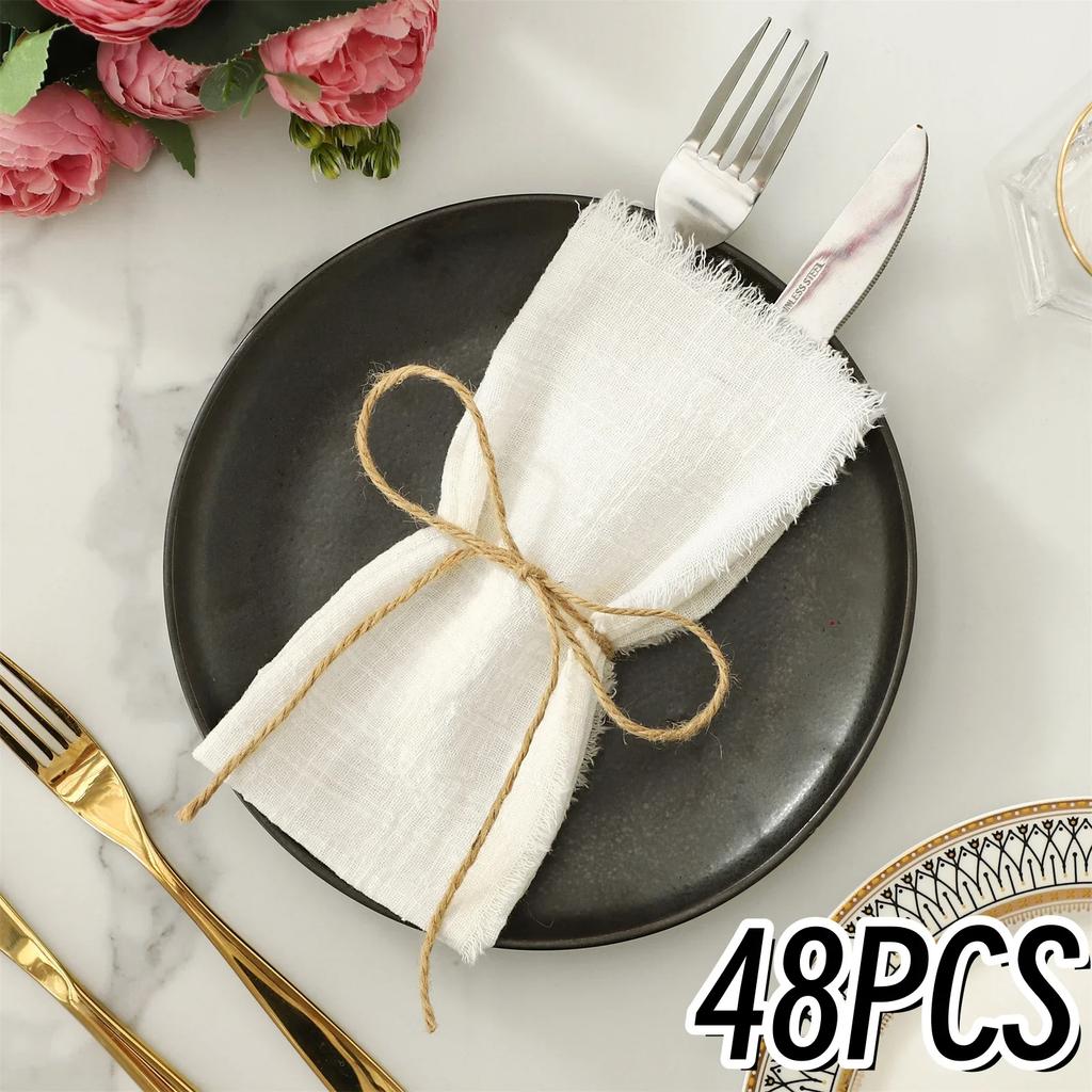48PC Pink Cloth Napkins 30X30CM Handmade Gauze with Fringe Rustic Dinner Napkins for Wedding Party Baby Shower Dinner Decoration