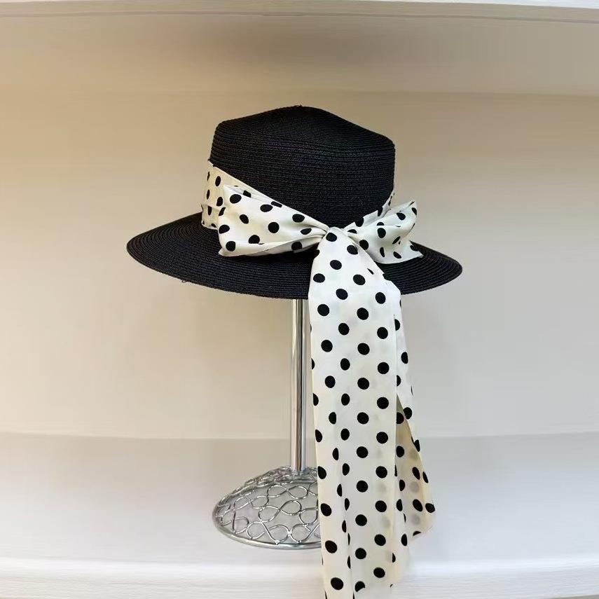 Straw Fisherman's Hat Polka Dot Bow Ribbon Flat Top Top Hat Versatile Sunscreen Sun Hat Straw Hat