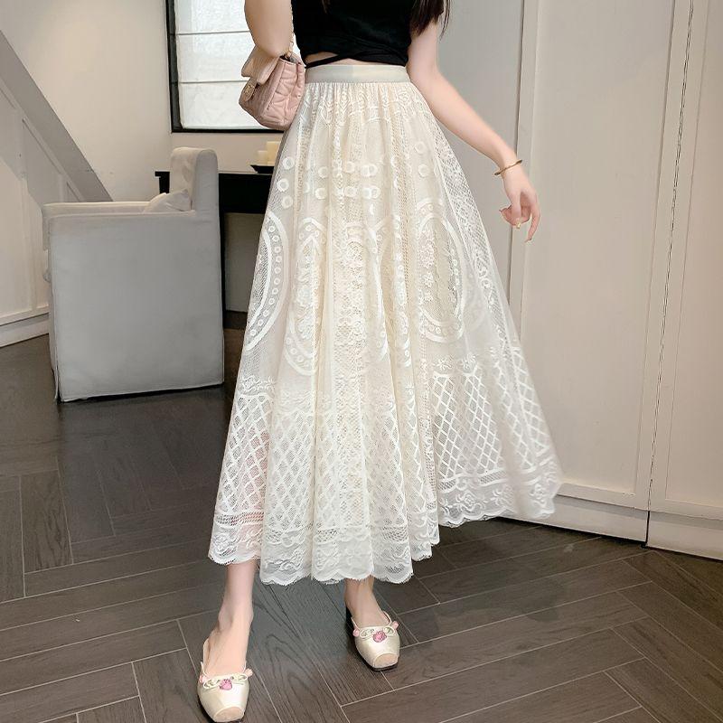 Elegantní maxi sukně z květinové krajky pro ženy, krajková sukně s vysokým pasem, dutá, kyvadlová, áčkového střihu, sladká dlouhá sukně áčkového střihu