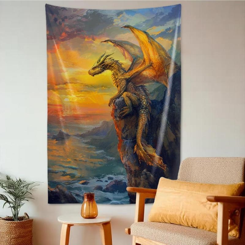 Anime Sunset Ocean Dragon Tapestry Golden Dragon Wall Art Beach Cliff Fantasy Dragon Wall Decor for Bedroom Office Bathroom 70x100CM
