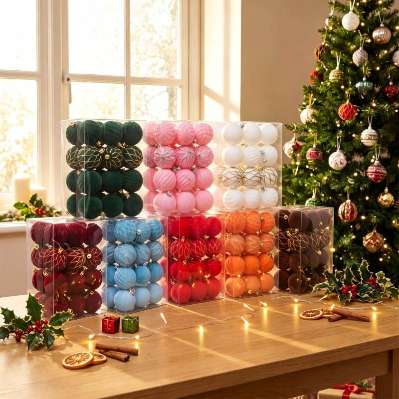 24Pcs Sparkling Velvety Christmas Ball Decorations Shatterproof Decorative Baubles Ornament for Christmas Tree Mantels