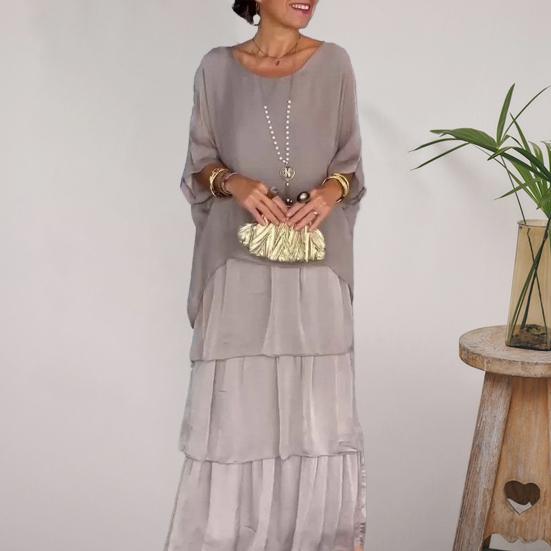 Evenig Dress Layered Scattered Cake Hem Half Sleeves Maxi Dress Bat Sleeves Baggy Round Neck Chiffon Dress for Party Prom