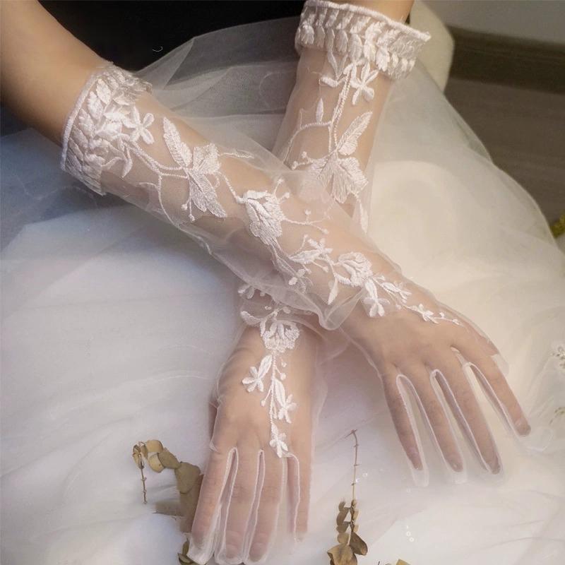 Elegant Fairy Long Wedding Tull Gloves Lace Flower Mesh Thin Gloves Pography Props Bride Dress Accessories