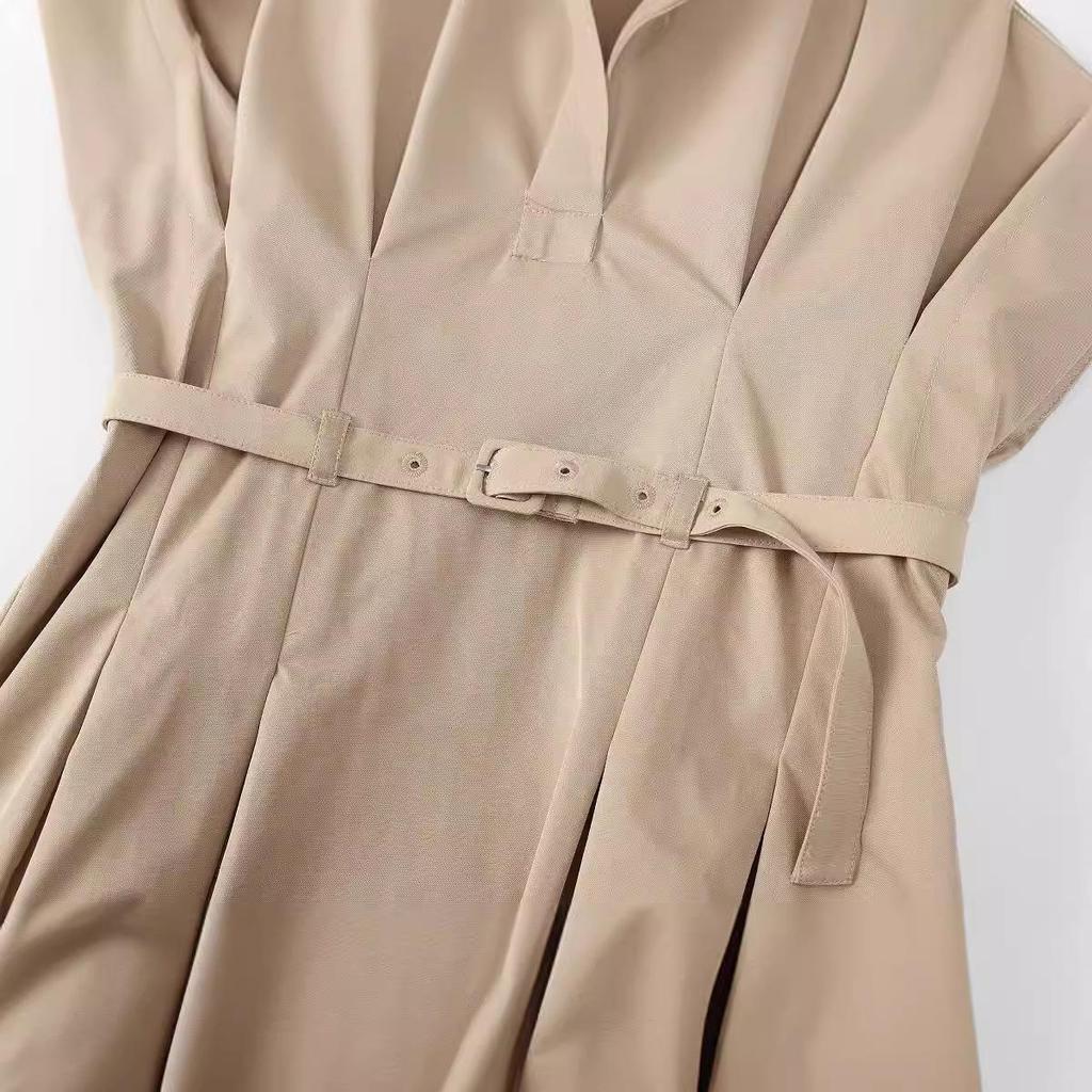 2024 Spring/Summer Khaki Pleated Short Dress for Women 8289