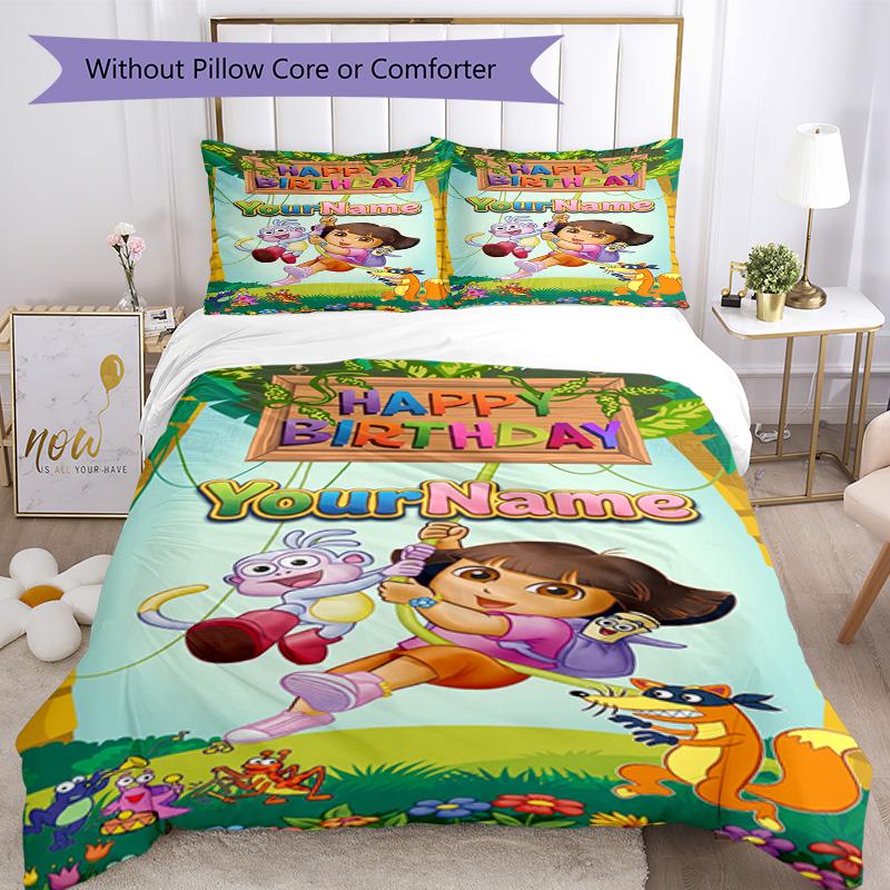Dora Explorer Customize Your Name Bedding Set Breathable Duvet Cover with Pillowcases Home Decoration Birthday Gift