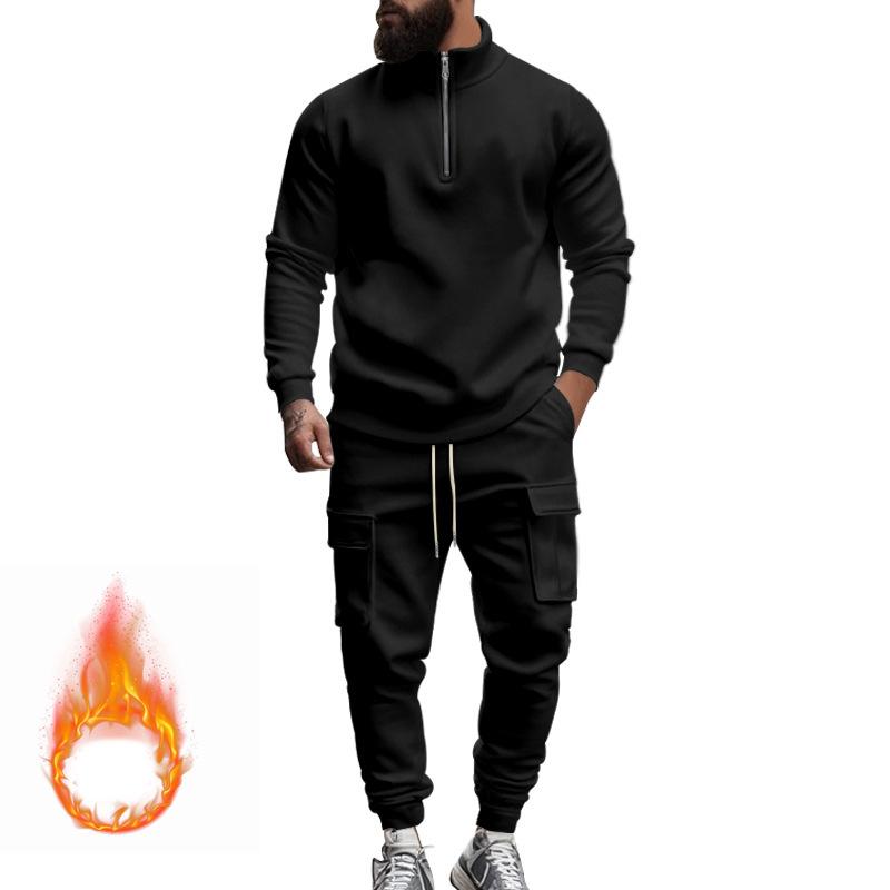 Autumn and Winter Men's New American Men's Casual Velvet Thermal Zipper Men's Sports Trousers Set