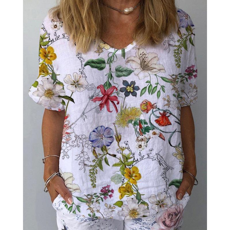 Summer V-neck 3D Flower Printed Top Fashionable Casual Short Sleeved Women's T-shirts