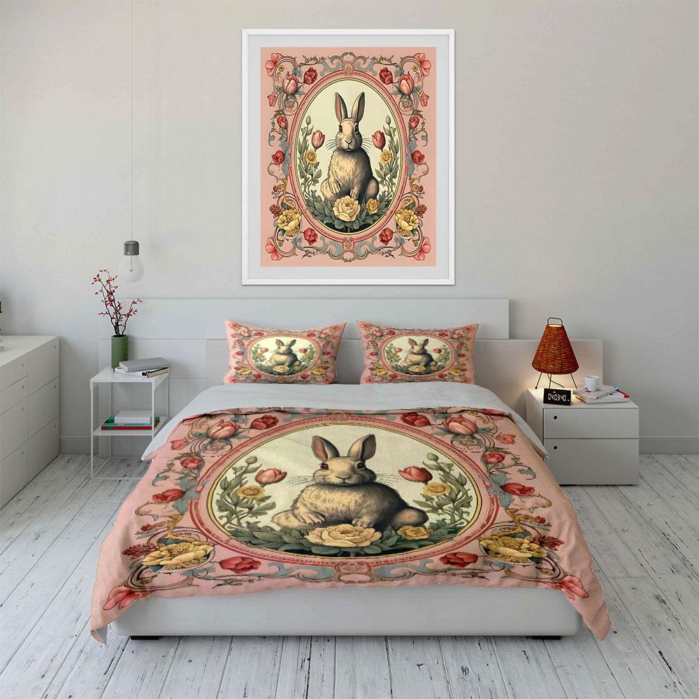 3Pcs Retro Floral Bunny Illustration Duvet Cover Set With 3D Printing Design Soft Polyester Bedding Set All-Season Comfort