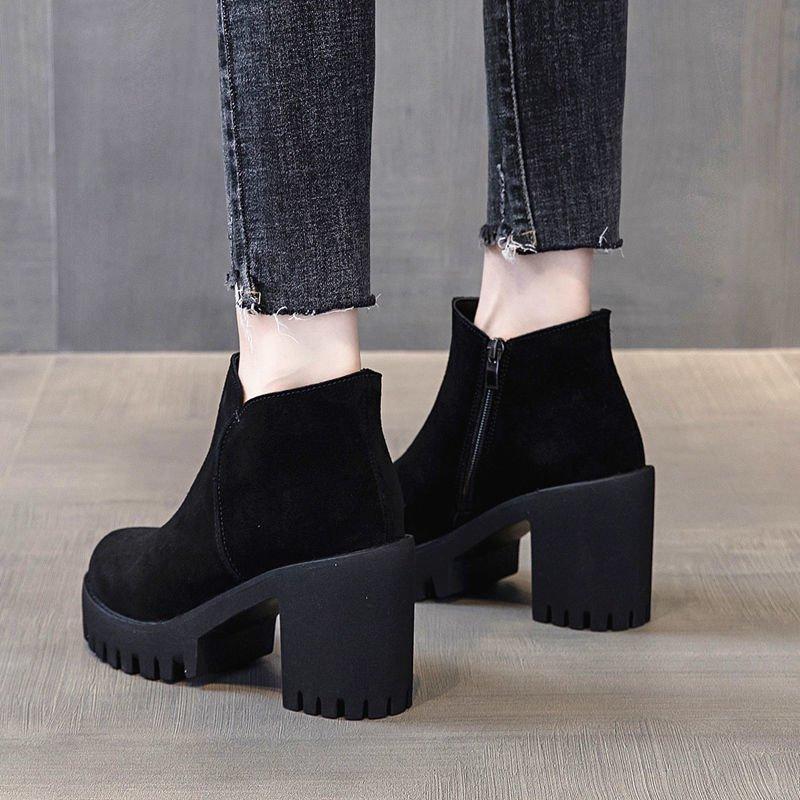 Women's High-Heel Boots, Chunky Heel Boots for Fall/Winter, Fleece-Lined Thick-Sole British-Style Short Boots