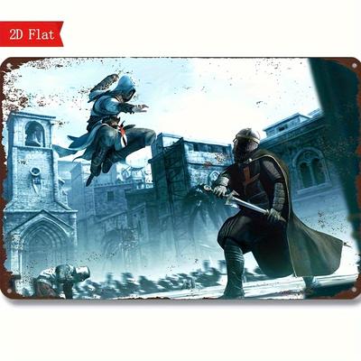 Assassin Thema Vintage Metallschild Retro Wandkunst mit Kreuzritter und Reiter Design Rustikales Dekor für Zuhause Büro Hotel Café