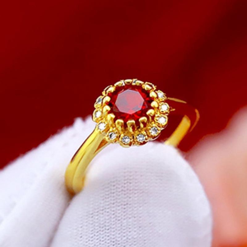 Gold-Plated Brass Sunflower Jewelry Set: Daisy Gemstone Ring, Ruby Micro-Paved Necklace & Earrings for Women