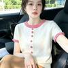 Knitted Top for Women In Summer, New Style, Front-opening Diamond-patterned, Open Wooden Ear Detail, Elegant Short-sleeved T-shirt Top