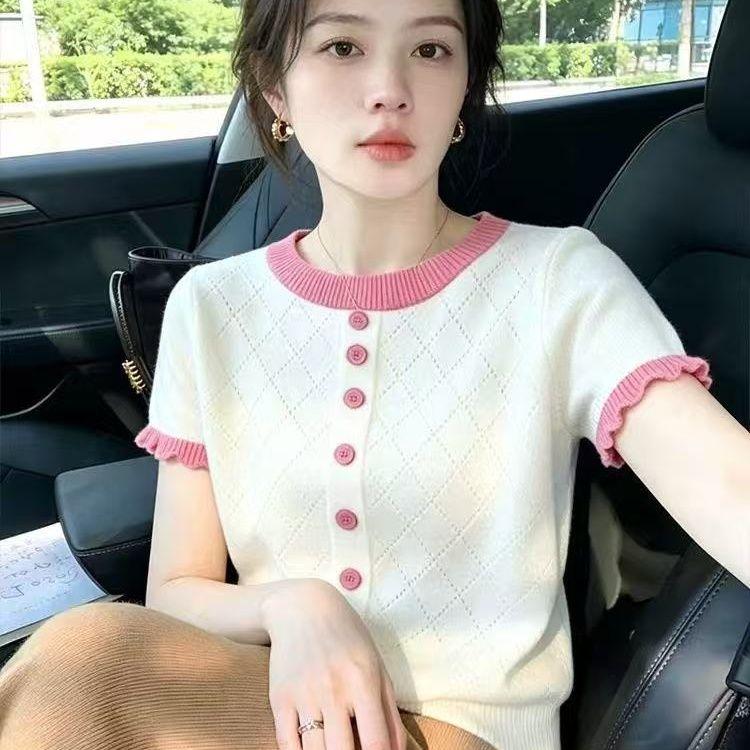 Knitted Top for Women In Summer, New Style, Front-opening Diamond-patterned, Open Wooden Ear Detail, Elegant Short-sleeved T-shirt Top