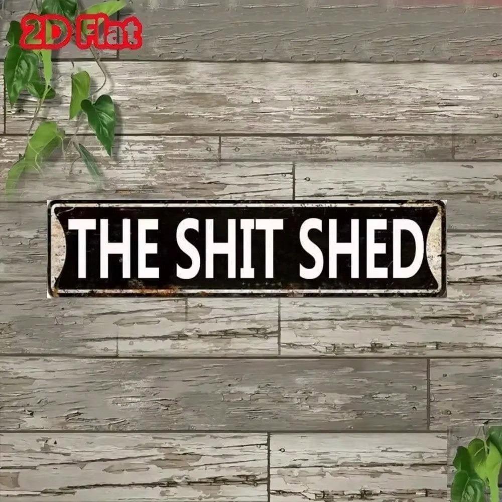 Vintage Metal Shed Sign Black White Rustic Look Restroom Wall Decor Tin Plate