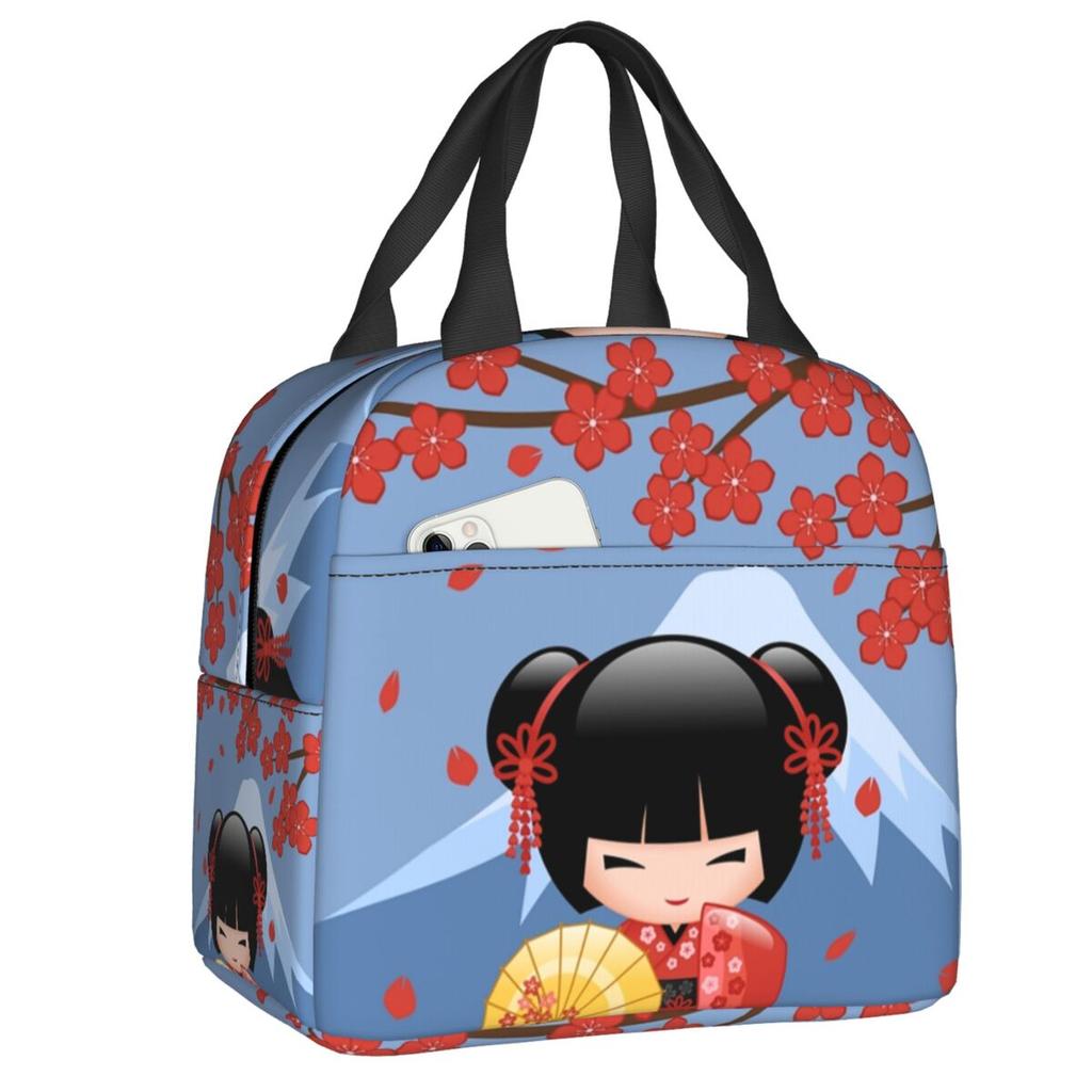 Custom Japanese Girl Sakura Kokeshi Doll Lunch Bag Men Women Warm Cooler Insulated Lunch Box for Kids School Children