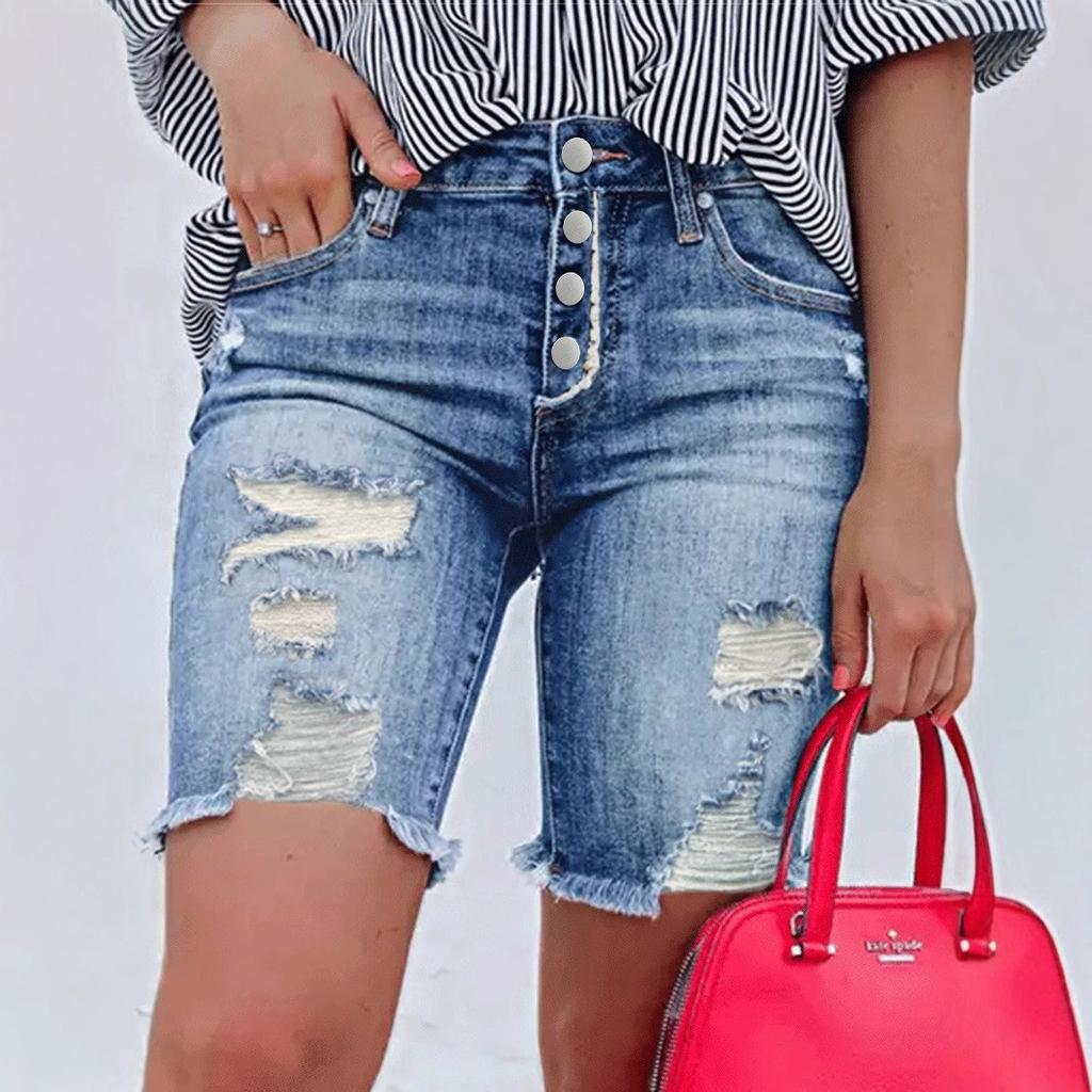 Women Summer Denim Shorts Ripped Hole High Waist Button Stretch Jean Short Pants