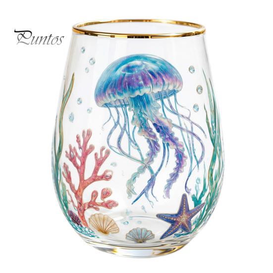 Retro Enamel Style Cup Hand Painted Glass Tumbler, Egg Shaped with Gold Rim, Clear Lead-Free Ocean Turtle Pattern Mug for Tea Coffee Wine Juice