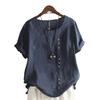 18 Colors S-5XL Women Cotton Linen Button Blouse Summer Female O-Neck Short Sleeve Solid Shirt Tops