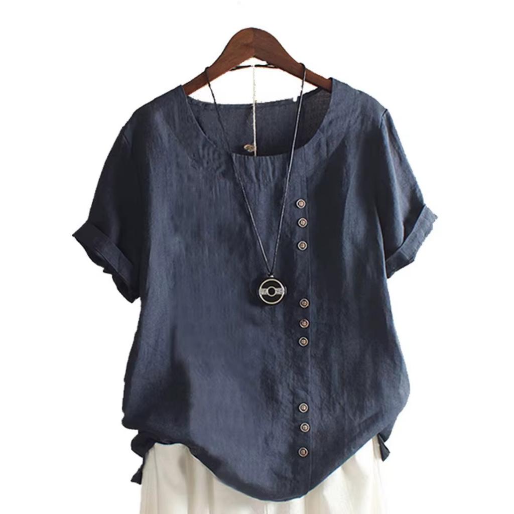 18 Colors S-5XL Women Cotton Linen Button Blouse Summer Female O-Neck Short Sleeve Solid Shirt Tops