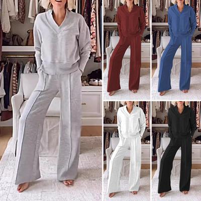 2 τμχ/Σετ Γυναικείο τοπ παντελόνι Σετ V λαιμόκοψη Φαρδύ φούτερ Φούτερ ελαστική μέση με φαρδύ πόδι Φούτερ αθλητική στολή Φθινοπωρινή casual αθλητική φόρμα