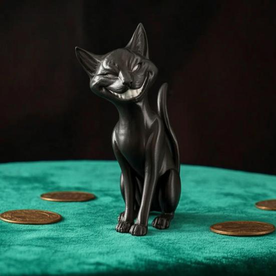 Unique Witchy Desk Decor 3D Printed Grinning Black Cat Statue, Sitting Figurine, Dark Small Crafts for Shelves Style Sculpture, Halloween Decorative