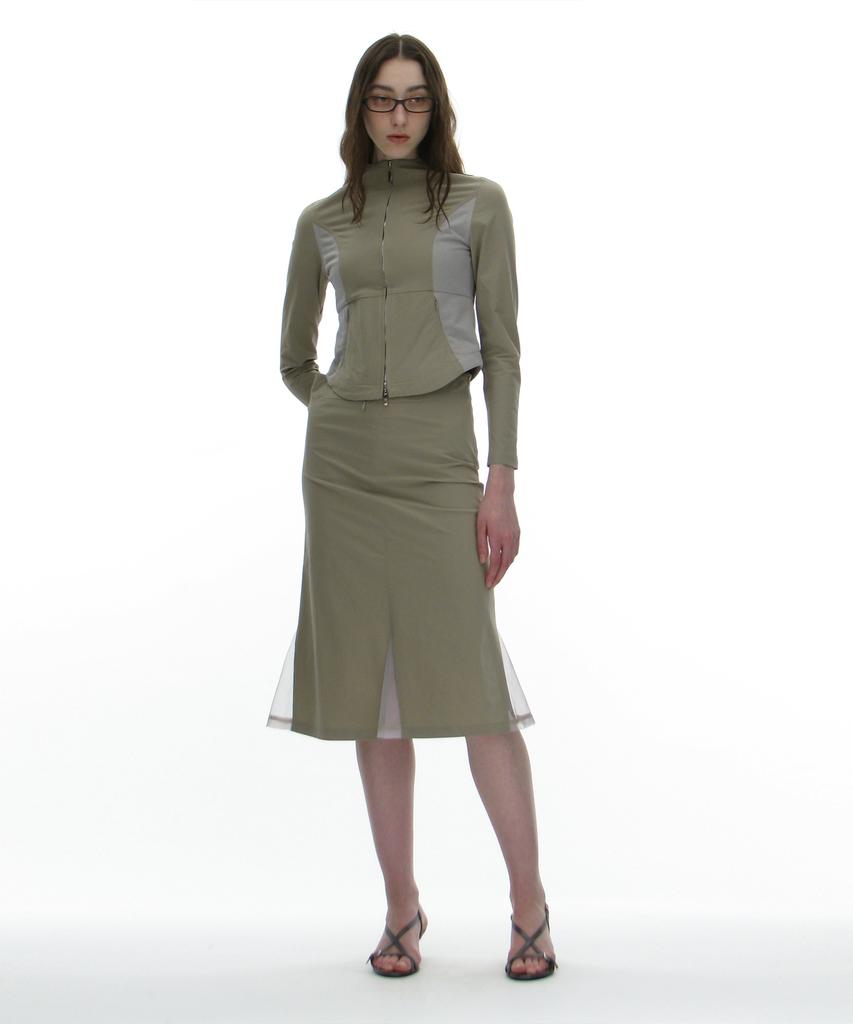 Partimento Woman Mesh Layer Gored Midi Skirt_Light Khaki