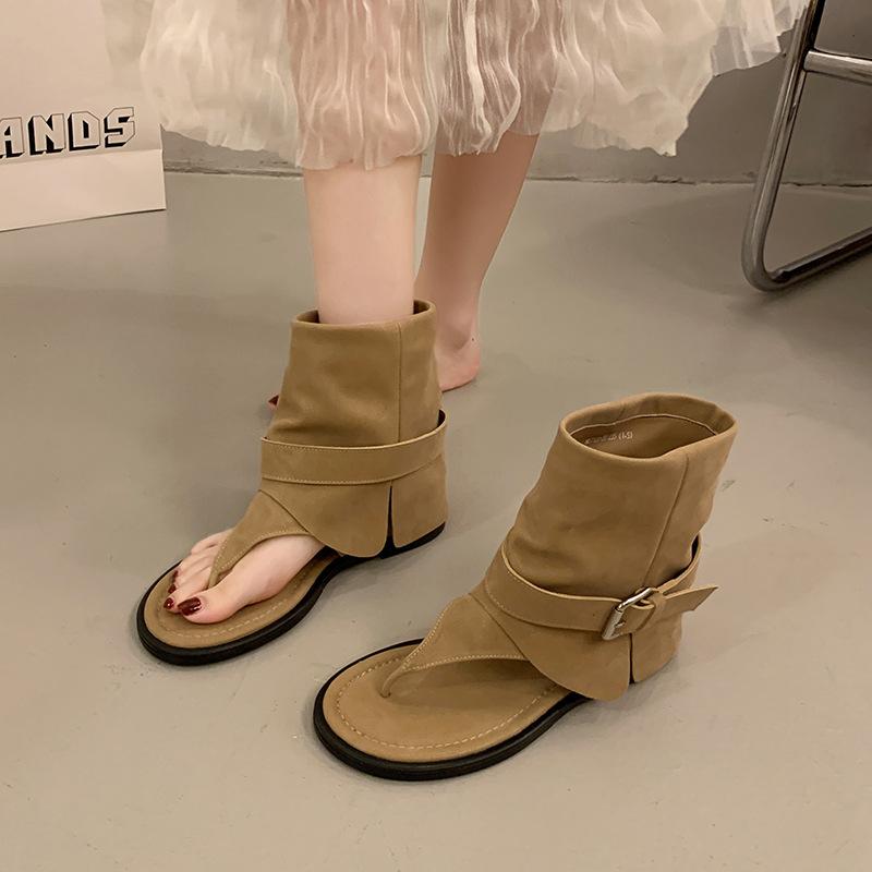 Fashion toe cool boots cover boots summer 2025 new soft leather fashion round head personalized round head Roman sandals