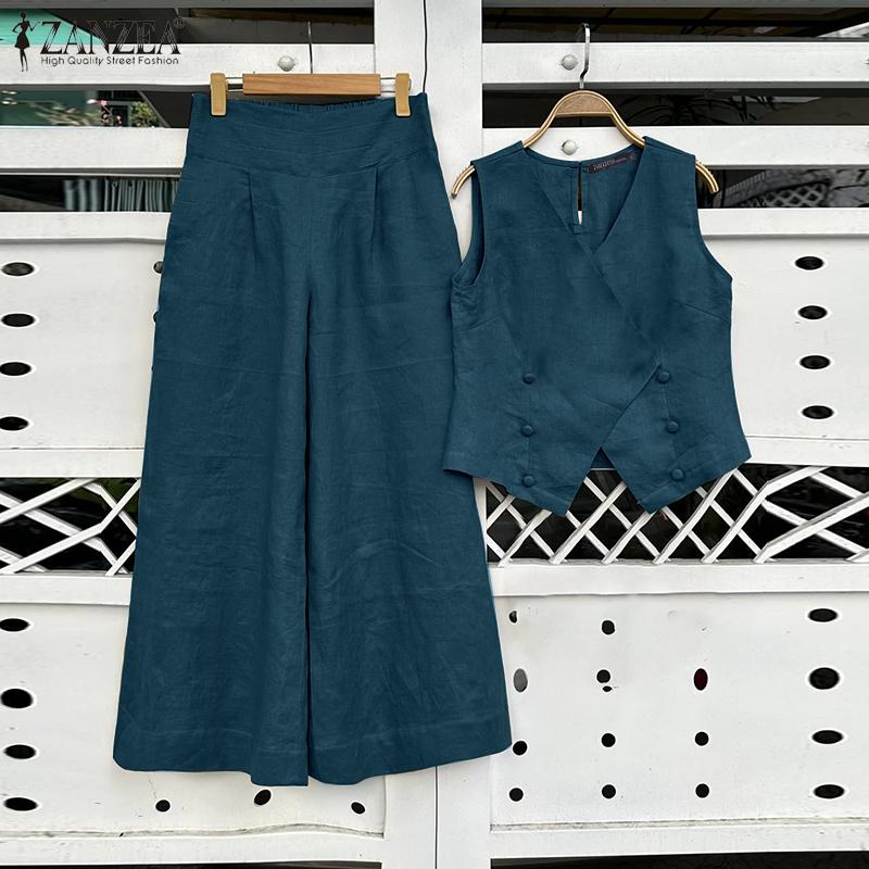ZANZEA Women Casual V-Neck Sleeveless Solid Color Loose Top Wide Leg Pants Sets