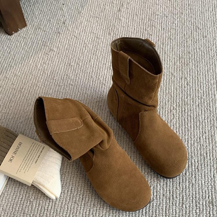 Soft Leather Retro Pleated Piled Boots Women's 2025 New Spring and Autumn Single Boots Medium Tube Thin Western Cowboy Soft Leather Short Boots