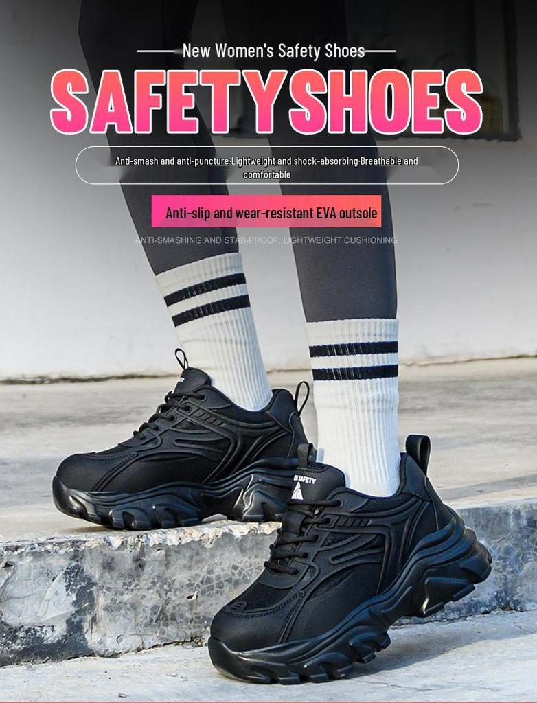 Dámská černá bezpečnostní obuv s ocelovou špičkou – Odolná proti nárazu, Odolná proti propíchnutí, Módní, Malé velikosti