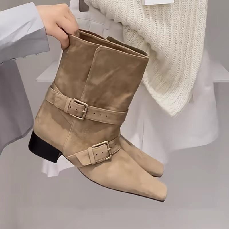 Korean Version Niche Suede Thick Heel Belt Buckle Thick Heel Small Square Head Short Boots Thin Boots Women's Autumn and Winter Western Cowboy Boots