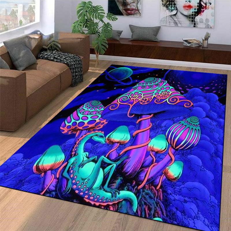 Mystical Colorful Mushroom and Lizard Design Rug for Everyone's Space * Suitable for use as an anti-slip game mat for living room and bedroom sofas