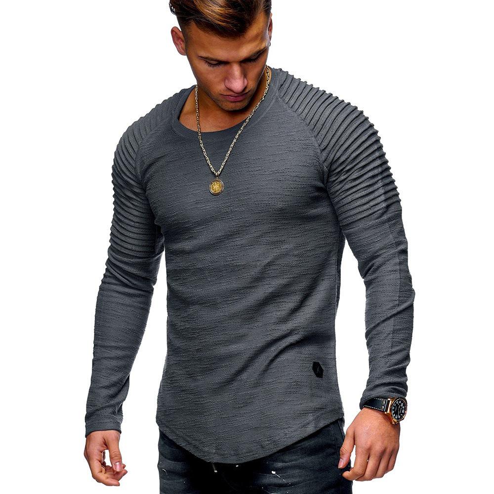 Men's Slim Fit Long Sleeve Raglan T-Shirt - Solid Color, Round Neck, Pleated Sleeves, Perfect for Spring & Autumn.