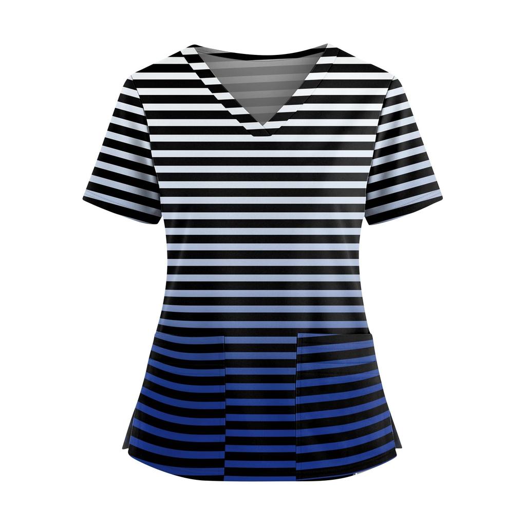 Women's Fashionable Printed V Neck Double Pocket Short Sleeved Shirt With Slit Hem Uniform And Worker Top