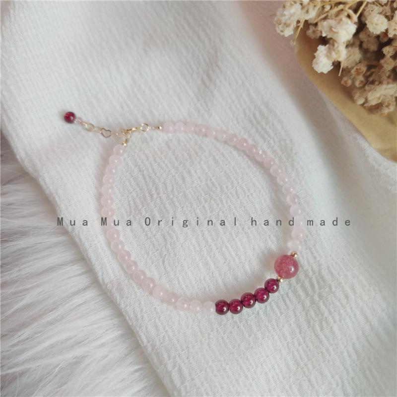 Natural Strawberry Quartz Pink Crystal14K Gold-plated versatile fresh ultra-fine bracelet for women, delicate and sparkling