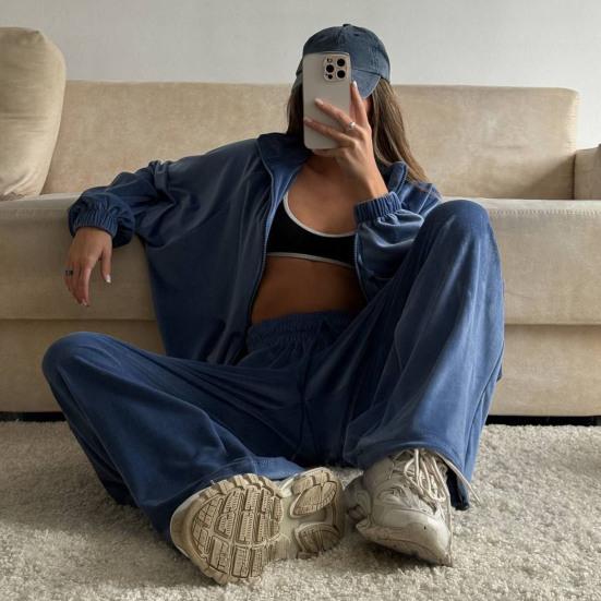 Two Piece Tracksuit Set for Women Cropped Zip Up Sweatshirt And Wide Leg Sweatpants Sets Spring Casual Sweatsuit Lounge Set