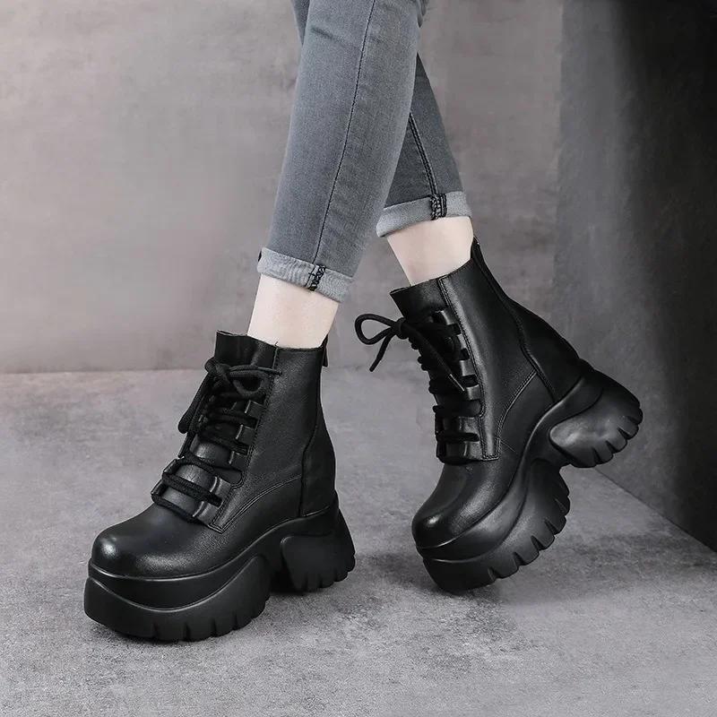 Fashion 10CM Genuine Leather Ankle Booties Women Motorcycle Boots Platform Wedge Slip On Spring Autumn Comfy Retro Lady High Heels Shoes